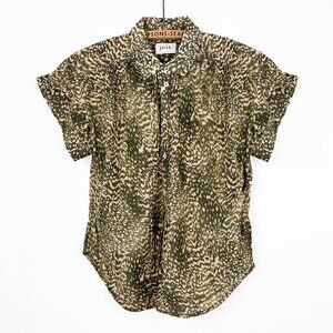 Joie Womens Leopard Print Short Sleeve Button Up Blouse Brown Small
